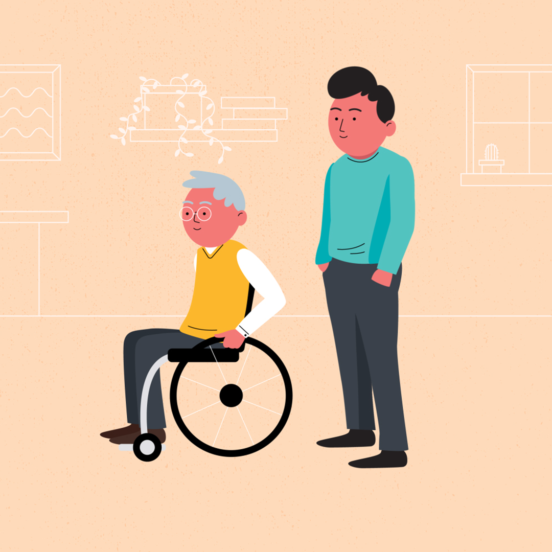 Still from OACC video showing illustration of man standing next to an elderly man in a wheelchair